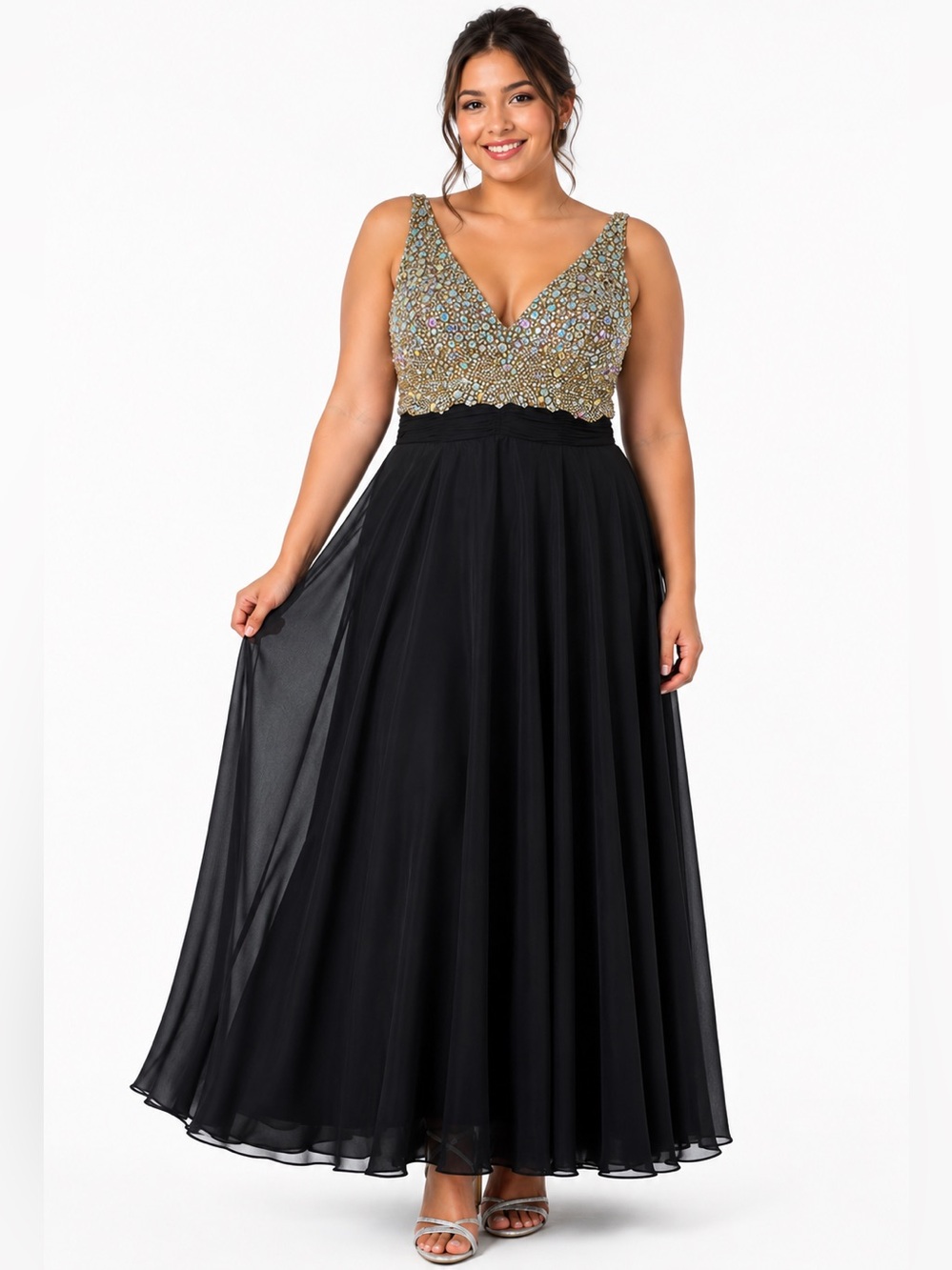Y2K Babydoll Aspeed Dress XL Black Rhinestone V Neck Chiffon Ball Gown